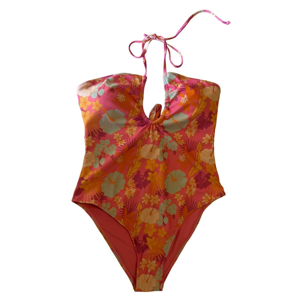 Pink Lily Womens Tropical Floral Halter Swim suit Orange Size L summer vacation